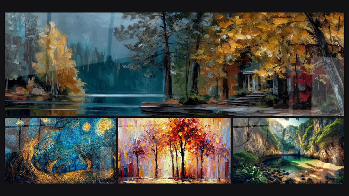 Mosaico di quattro quadri, tra cui Paesaggio lacustre autunnale, Albero cosmico di e Sinfonia d'Autunno