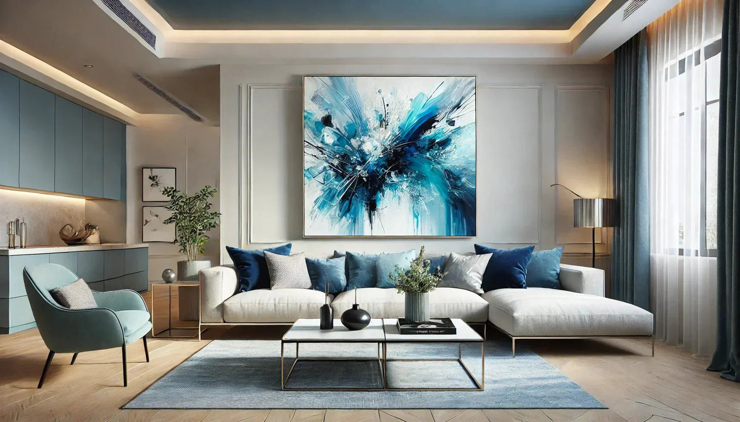 Tableau abstrait bleu moderne accroché dans un salon minimaliste, mettant en valeur les nuances de bleu et une composition graphique élégante.