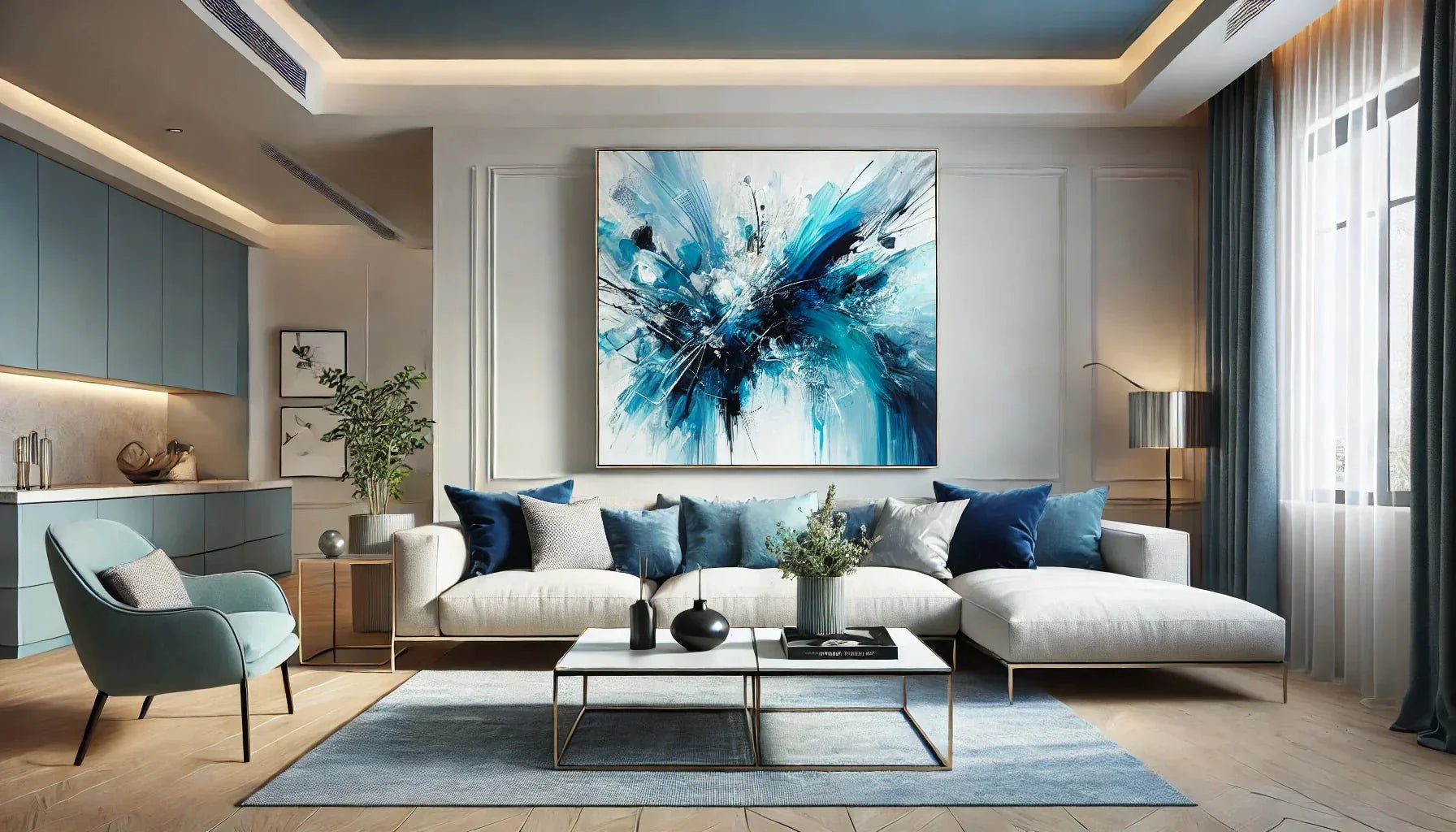 Tableau abstrait bleu moderne accroché dans un salon minimaliste, mettant en valeur les nuances de bleu et une composition graphique élégante.