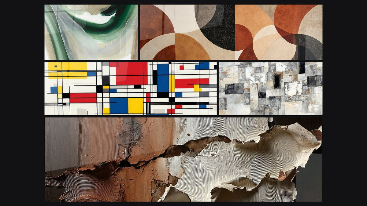 Mosaico de cinco cuadros, entre ellos Seda Esmeralda, Composición geométrica y Abstracto Mosaico Gris y Beige
