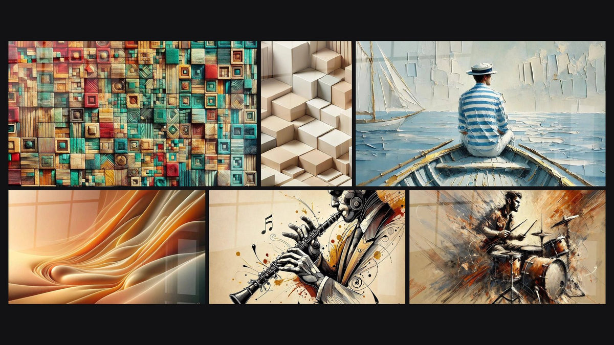 Mosaico de seis cuadros, entre ellos Entrelazado de Colores, Minimalismo Esculpido y Ondulaciones