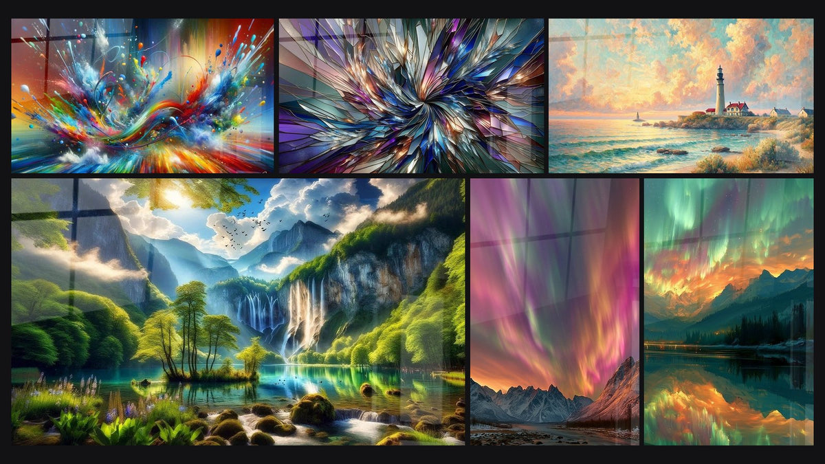 Mosaico di sei quadri, tra cui Big Bang Artistico Brillante, Radiance Frattale e Alba sul Faro