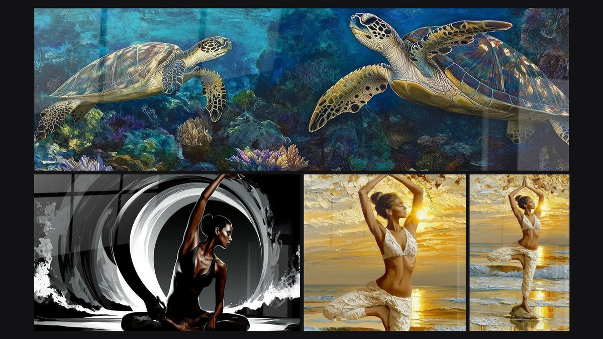 Mosaïque de quatre tableaux, dont Tortue Grâce marine et Yogini bras levé tourbillon anthracite