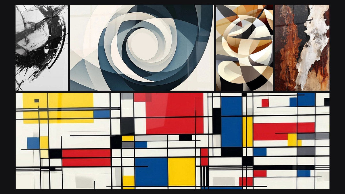 Mosaic of five paintings, including The Break in Time, Vortex Azure and Interlaced Circular Shapes