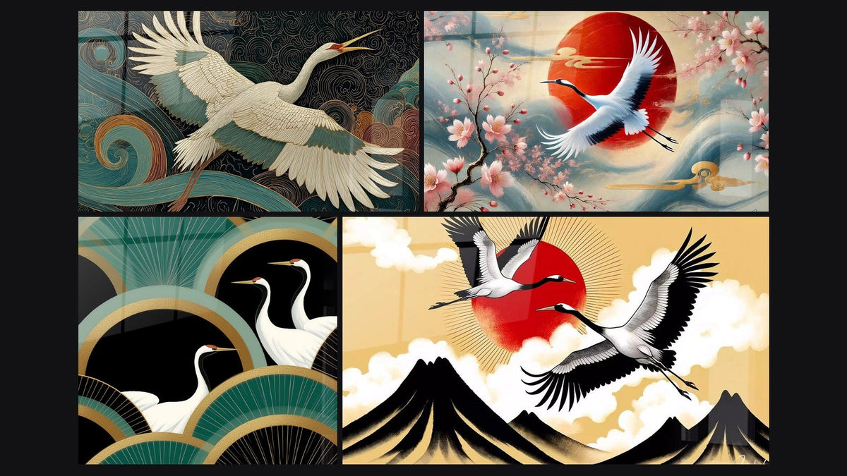 Mosaïque de quatre tableaux, dont Grue en Vol, Grues Art Déco et Sous le Ciel du Japon