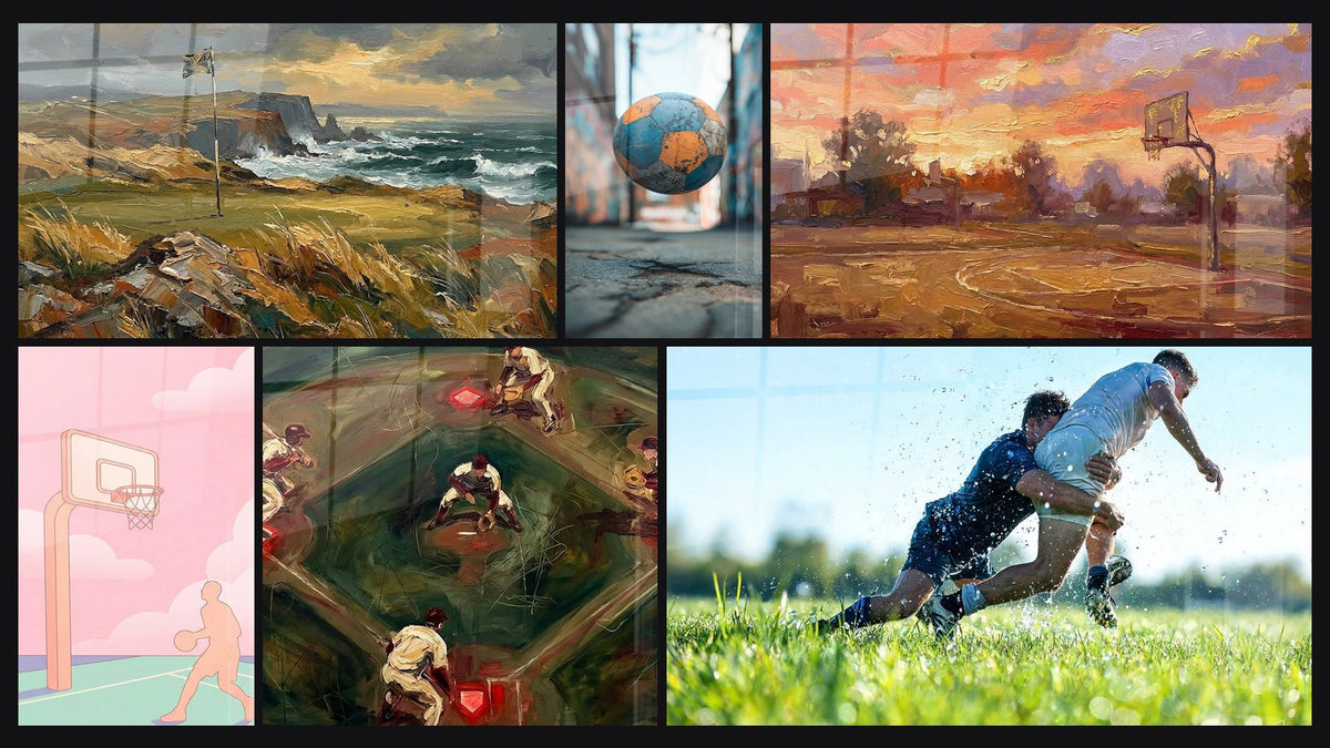 Mosaïque de six tableaux, dont Paysage Côtier Golf, Terrain de Basket Rose et Ballon Football Urbain
