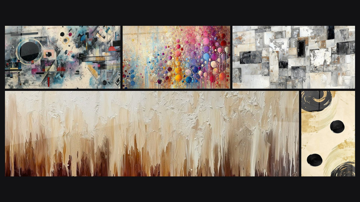 Mosaïque de cinq tableaux, dont Composition abstraite géométrique, Mosaïque de Sphères et Abstrait Mosaïque Grise et Beige
