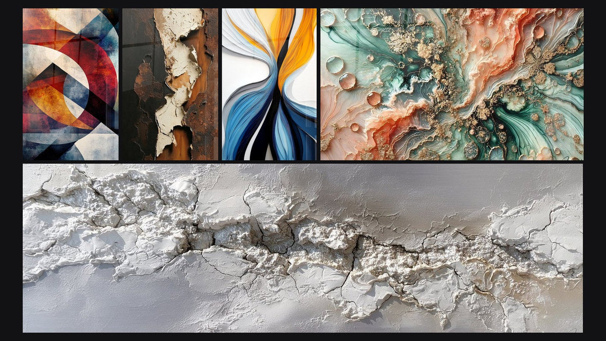 Mosaïque de cinq tableaux, dont Formes géométriques circulaires, Flux dynamiques colorés et Rêve Coralien