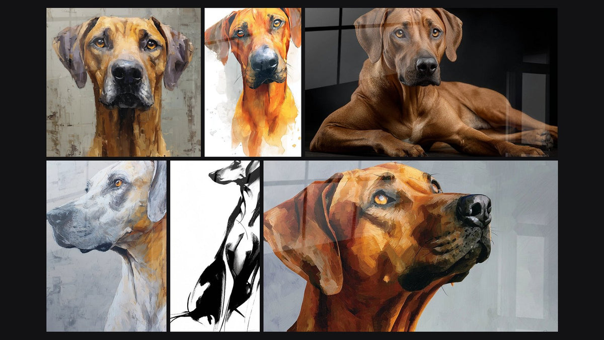 Mosaïque de six tableaux, dont Portrait de Chien aux Tons Ocre et Gris et Portrait de Chien au Regard Noble