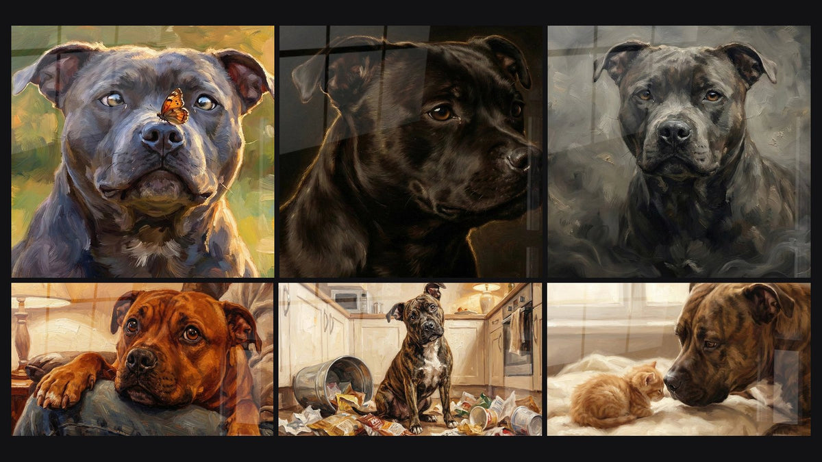 Mosaïque de six tableaux, dont Portrait Chien aux Tons Bruns et Gris et Staffordshire Bulle Terrier et Chaton Roux