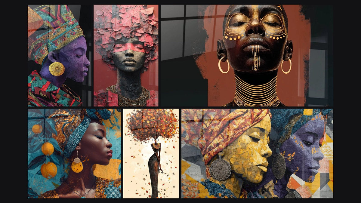 Mosaïque de six tableaux, dont Femme africaine colorée, Femme africaine aux oranges et Femme Africaine Automne