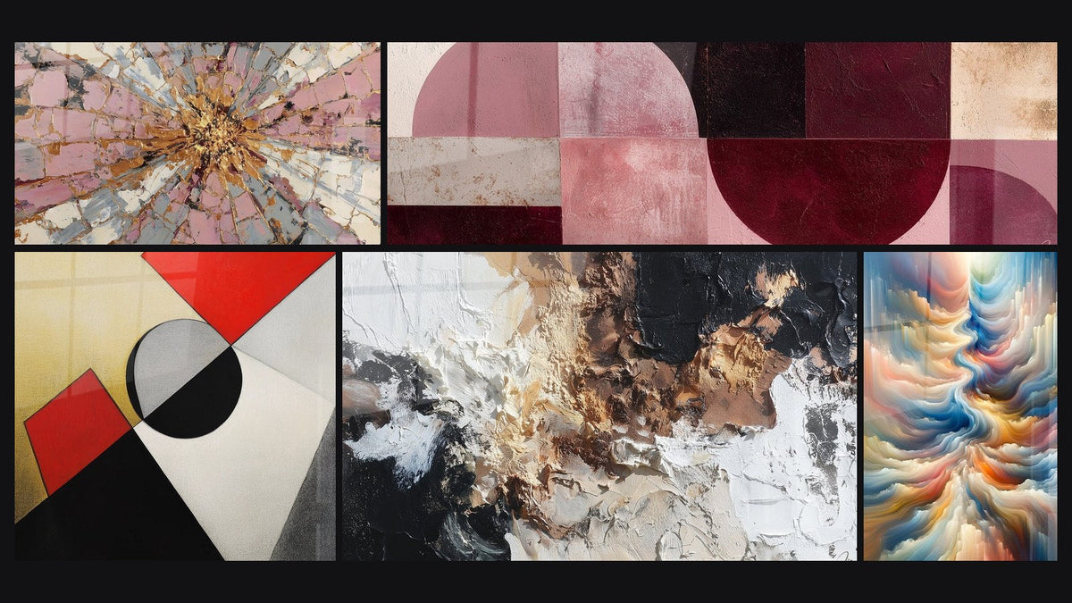 Mosaic of five paintings, including Colorful geometric shapes and Resonance of Celestial Hues