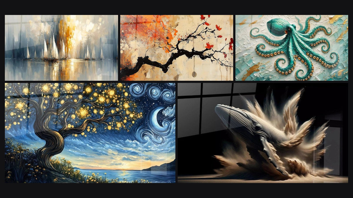 Mosaico di cinque quadri, tra cui Alba sulla Baia, La balena di Elise e Smeraldo degli Abissi