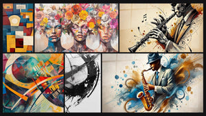 Mosaico de seis cuadros, entre ellos Formas geométricas de colores, Composición geométrica abstracta y Las Musas Florecientes