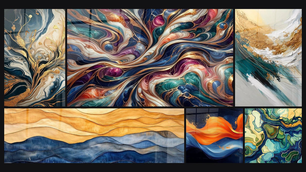 Mosaico di sei quadri, tra cui Alberi d'Oro Fluidi, Cosmo Incantato e Dune Oceano Blu