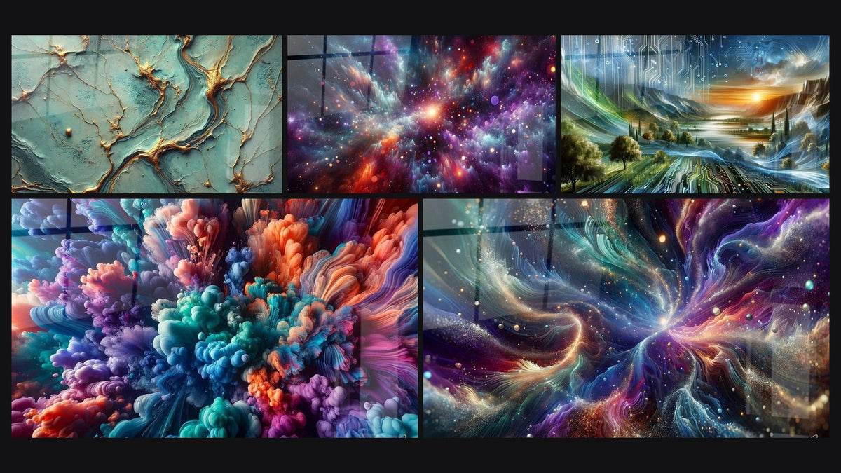 Mosaico de cinco cuadros, entre ellos Ríos de Oro, Orquesta Lumínica Intergaláctica y El amanecer de Mundos Fusionados