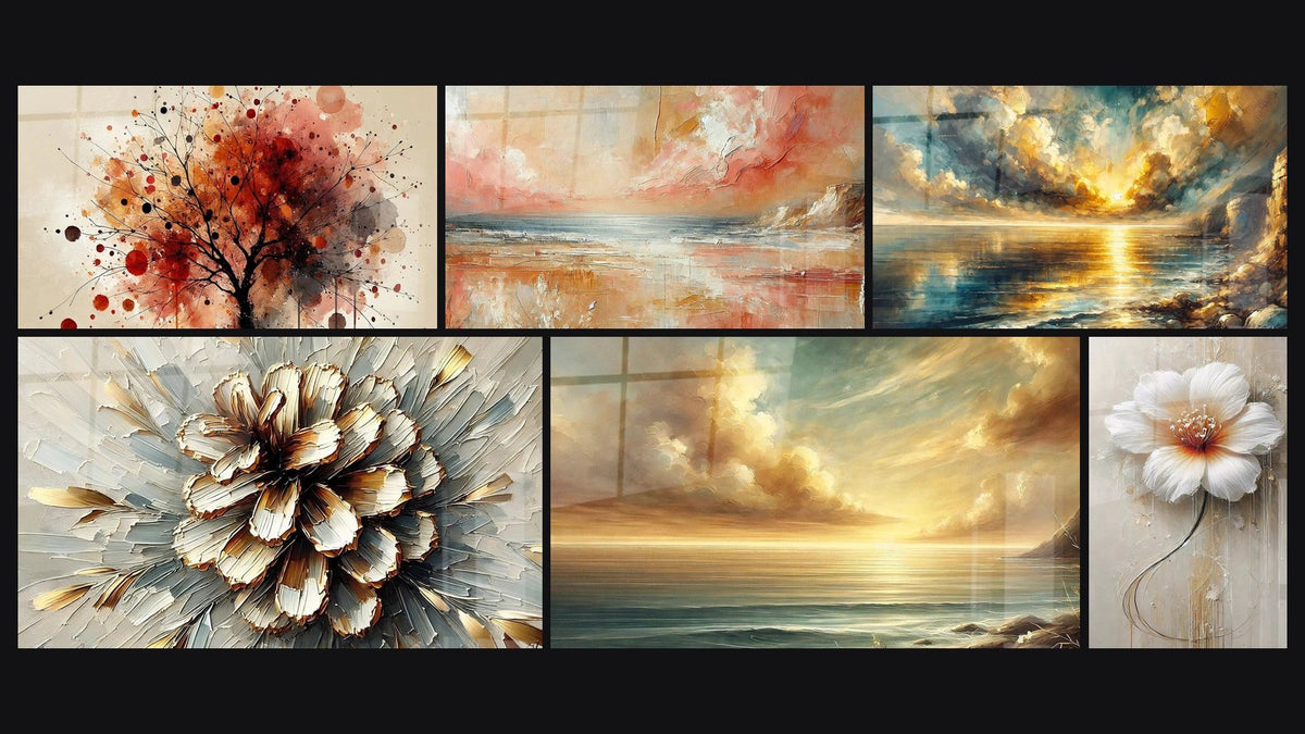Mosaïque de six tableaux, dont Forêt Abstraite, Épanouissement Abstrait et Douceur du Crépuscule