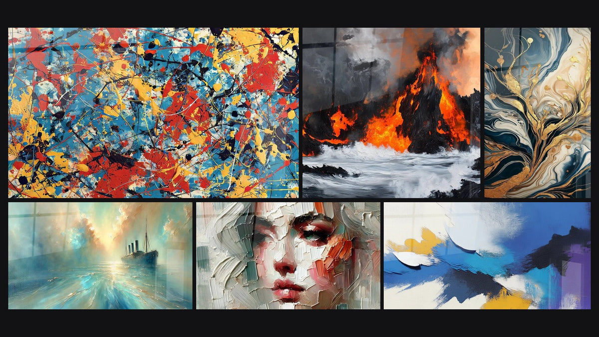 Mosaïque de six tableaux, dont Abstrait explosion de couleurs, Apocalypse Marine Rouge et Au Cœur de la Brise