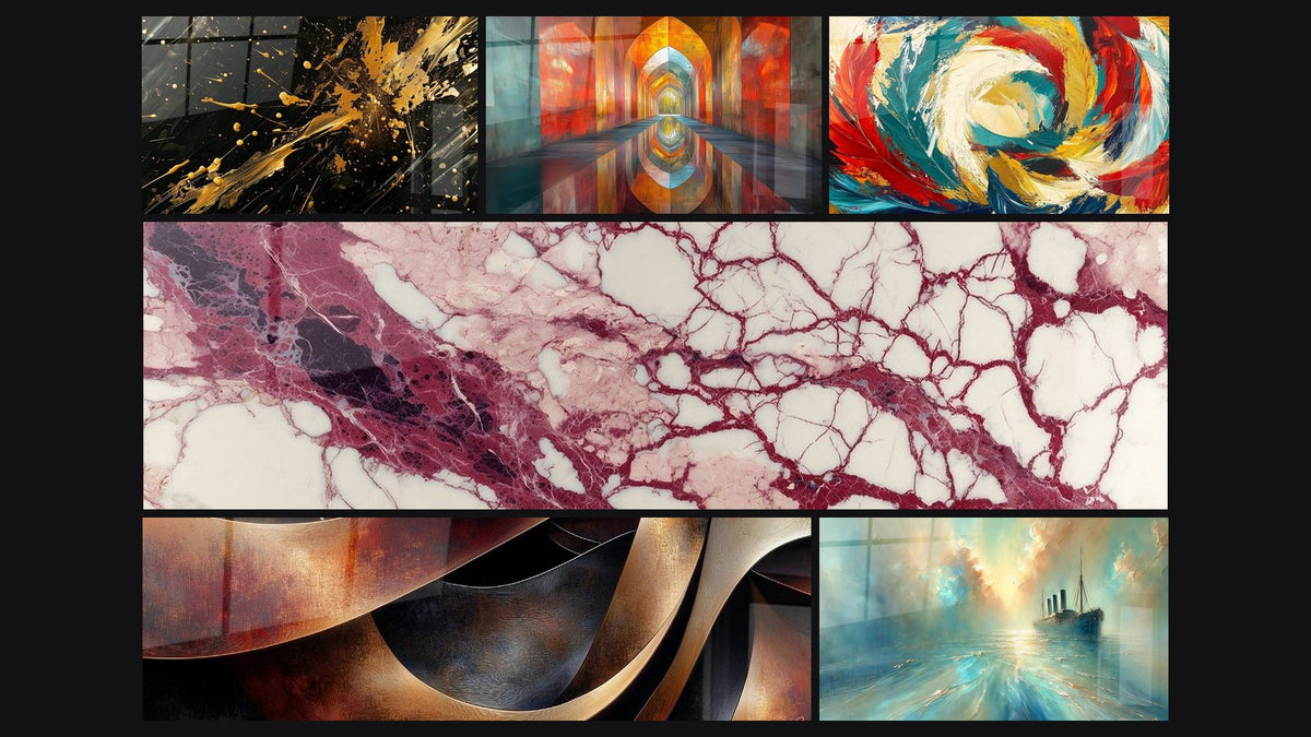 Mosaïque de six tableaux, dont Veines pourpres et crème sur fond écru et Sinuosités Méditation Ocre