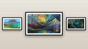 Pared de galería con tres cuadros enmarcados: Paisaje Volcánico Islandés, Paisaje montañoso iluminado y Lago N°1