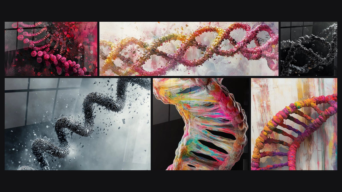 Mosaïque de six tableaux, dont ADN abstrait, Hélice ADN en Désintégration et Hélice ADN aquarelle