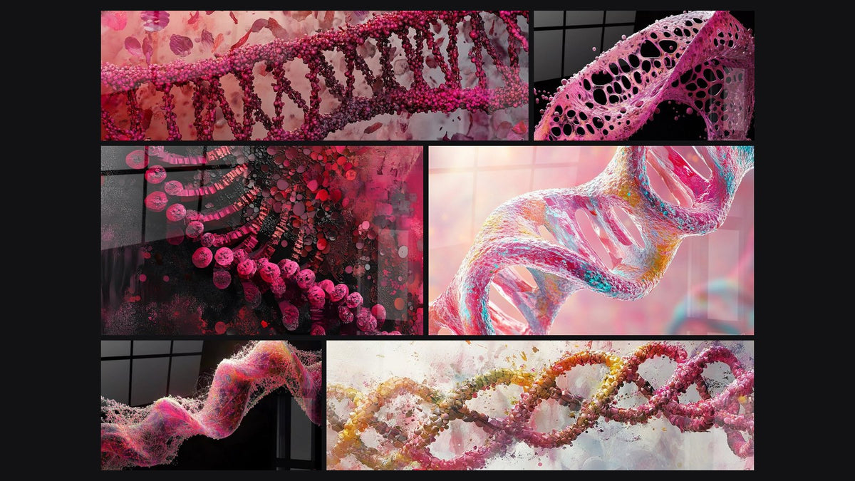 Mosaïque de six tableaux, dont ADN hélix rose, Structure moléculaire rose et ADN abstrait