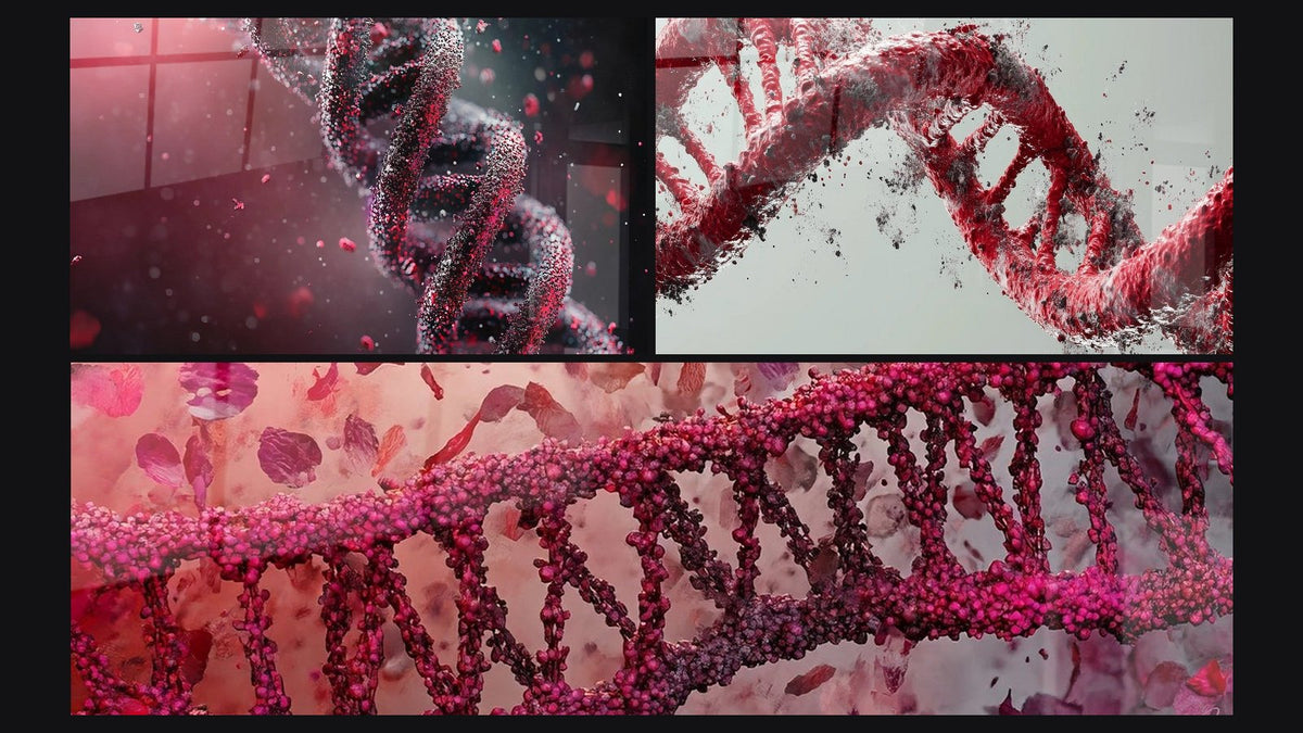 Mosaïque de trois tableaux : Hélice ADN rouge, Hélice ADN double brin et ADN hélix rose