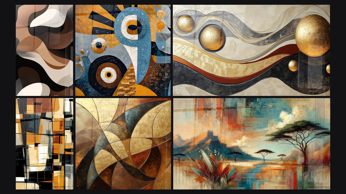Mosaïque de six tableaux, dont Abstrait africain vagues sculptées, Abstrait géométrique et Art abstrait africain
