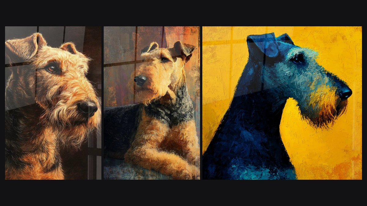 Mosaïque de trois tableaux, dont Chien Terrier au Regard Contemplatif et Chien de Profil aux Tons Bleus et Jaunes