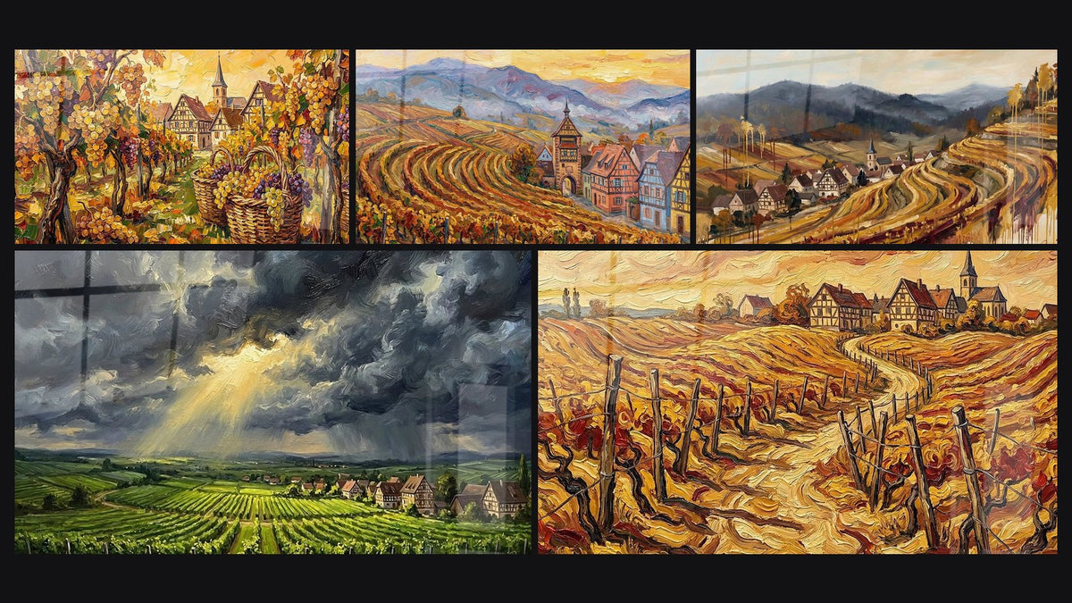Mosaïque de cinq tableaux, dont Vignoble Alsacien, Vignobles Alsaciens et Village Viticole Alsacien