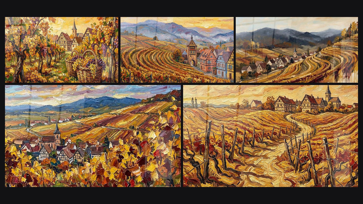 Mosaico de cinco cuadros, entre ellos Viñedo Alsaciano, Pueblo Vitivinícola Alsaciano y Pueblo Alsaciano Otoño
