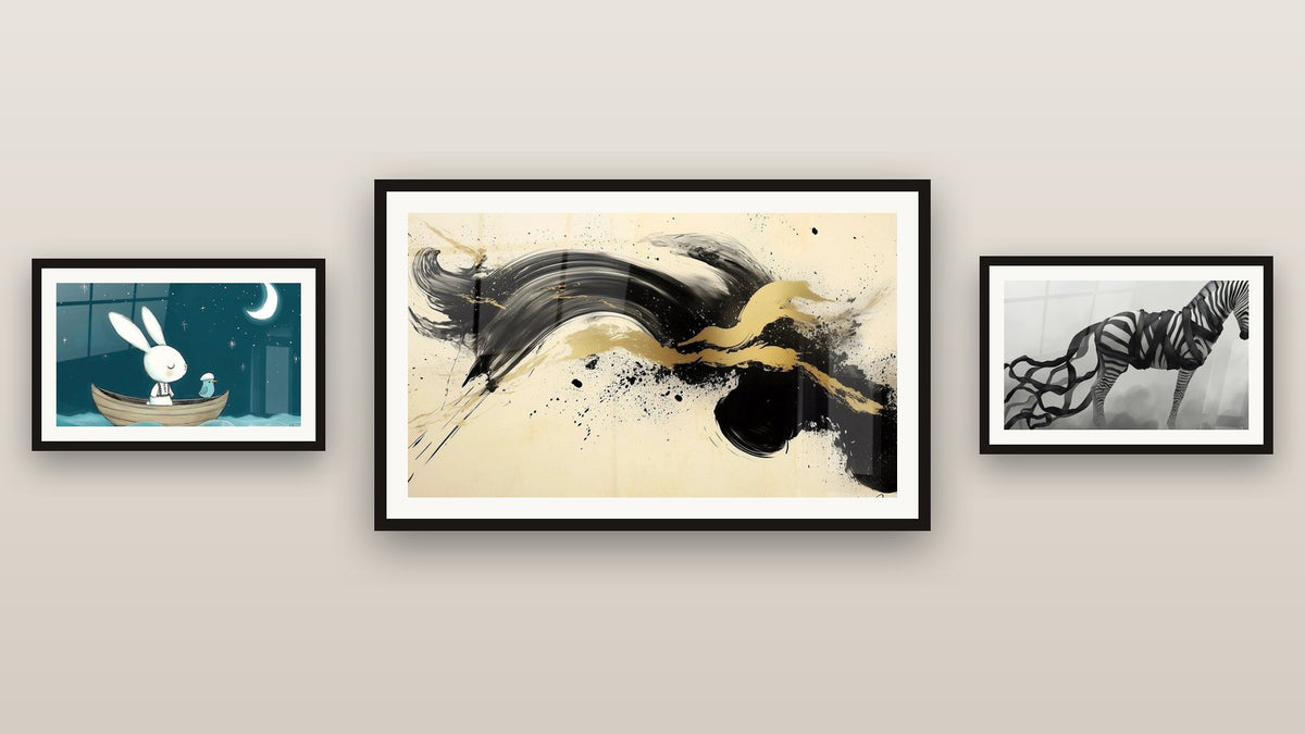 Gallery wall with three framed paintings: Passionate Momentum Black, Children's Wall Art No. 19 and Ribbon Dance