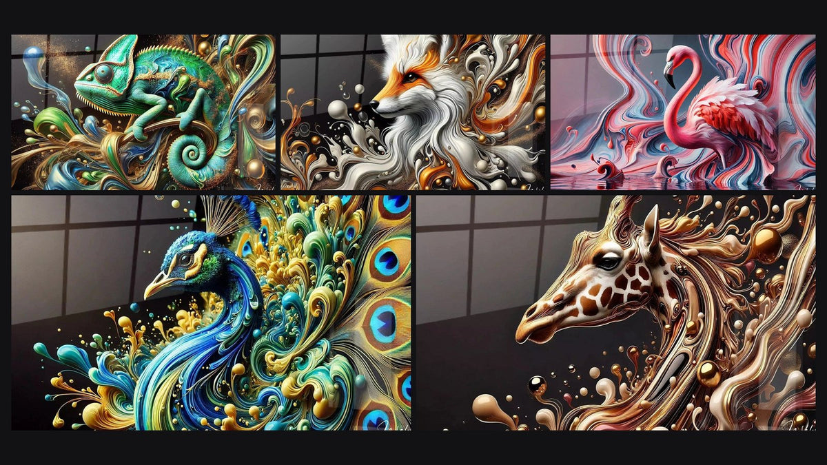Mosaïque de cinq tableaux, dont Reflets d’Émeraude, Poésie Rousse et Plumes en Fusion