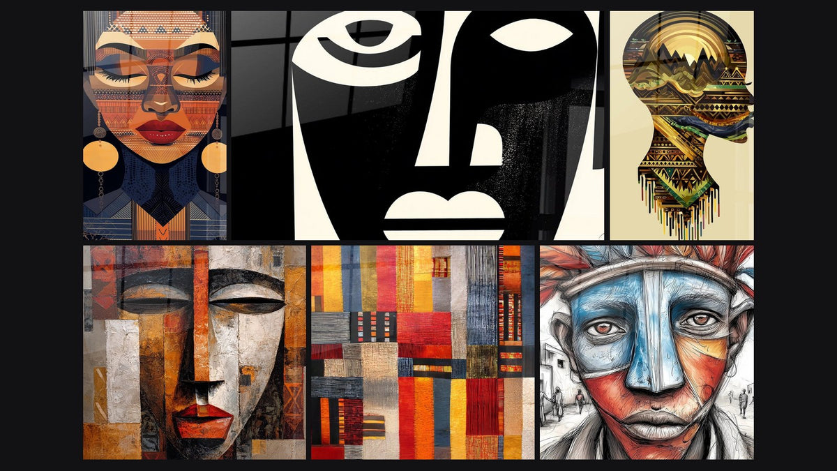 Mosaïque de six tableaux, dont Femme Sagesse tribale, Masques Africains et Masque Tribal Cubiste