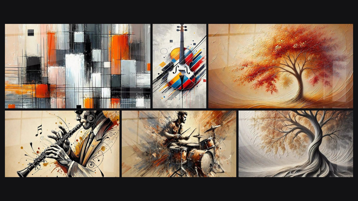 Mosaico de seis cuadros, entre ellos Mecánica de Colores, Música Nº3 y Clarinete N°1