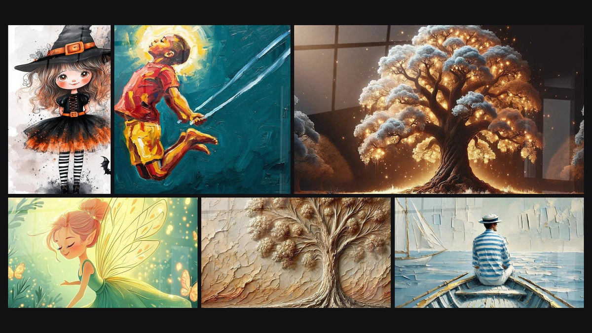 Mosaico de seis cuadros, entre ellos Bruja Nº1, Cuento N°3 y Infantil Saltar a La Comba