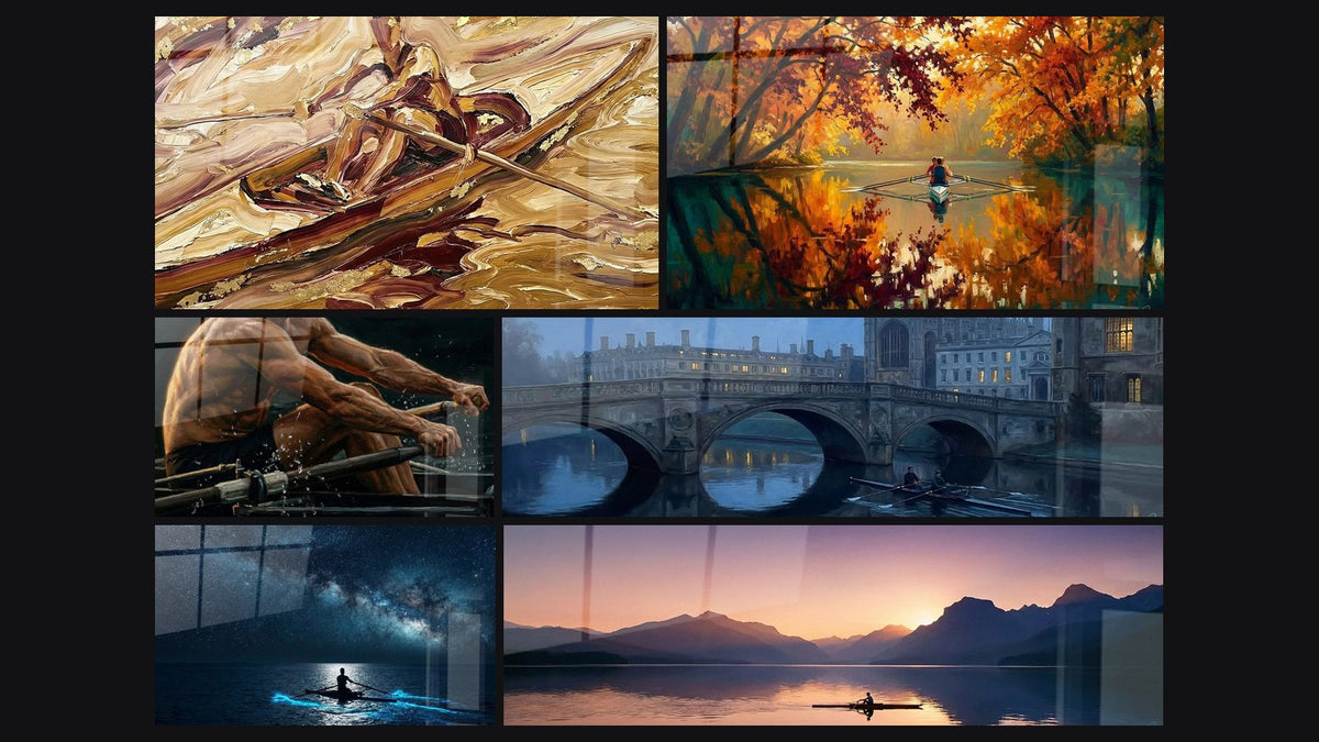 Mosaïque de six tableaux, dont Rameur en Action, Aviron automne reflets dorés et Rameur Effort