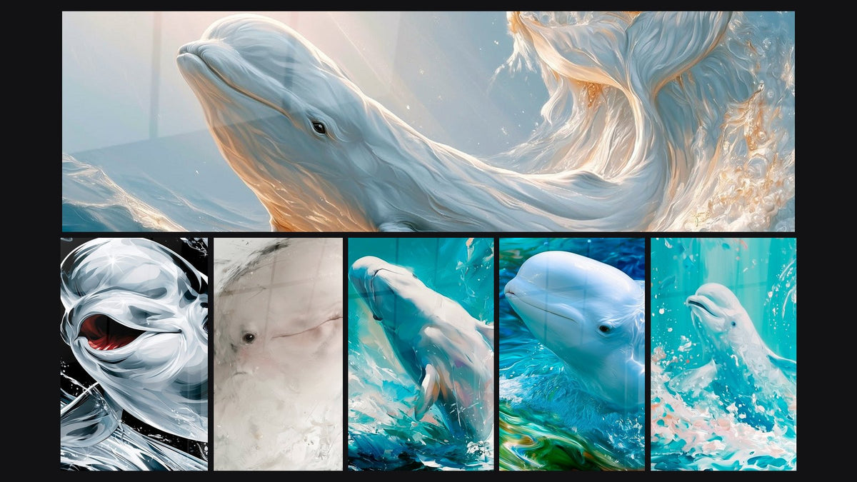 Mosaïque de six tableaux, dont Beluga blanc et noir gueule rouge écarlate et Beluga blanc cassé et gris fusain griffé