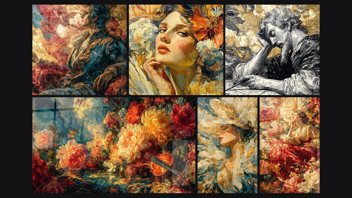Mosaic of six paintings, including Male Torment Creator Portrait, Crimson Sonata Flowers and Woman Contemplative Gaze