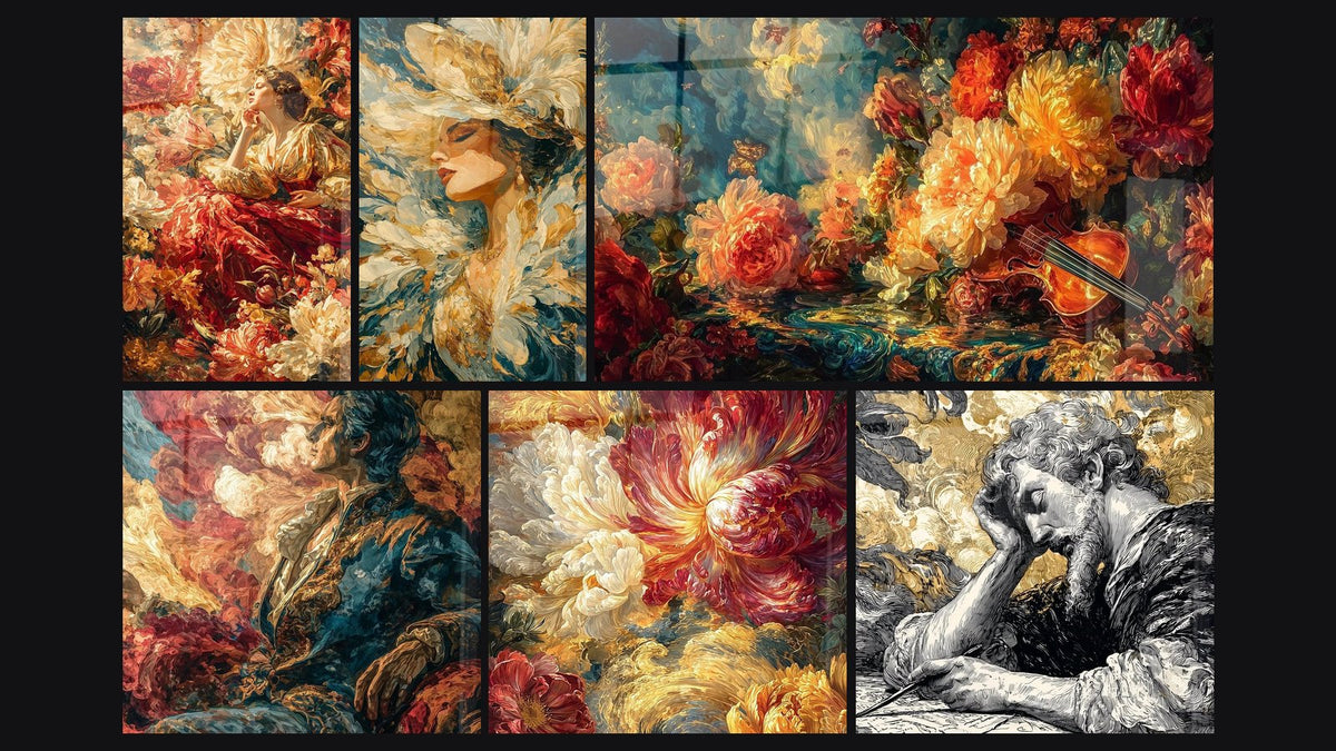 Mosaïque de six tableaux, dont Femme Extase Florale, Femme élégante Prestige Féminin et Homme Tourment Créateur