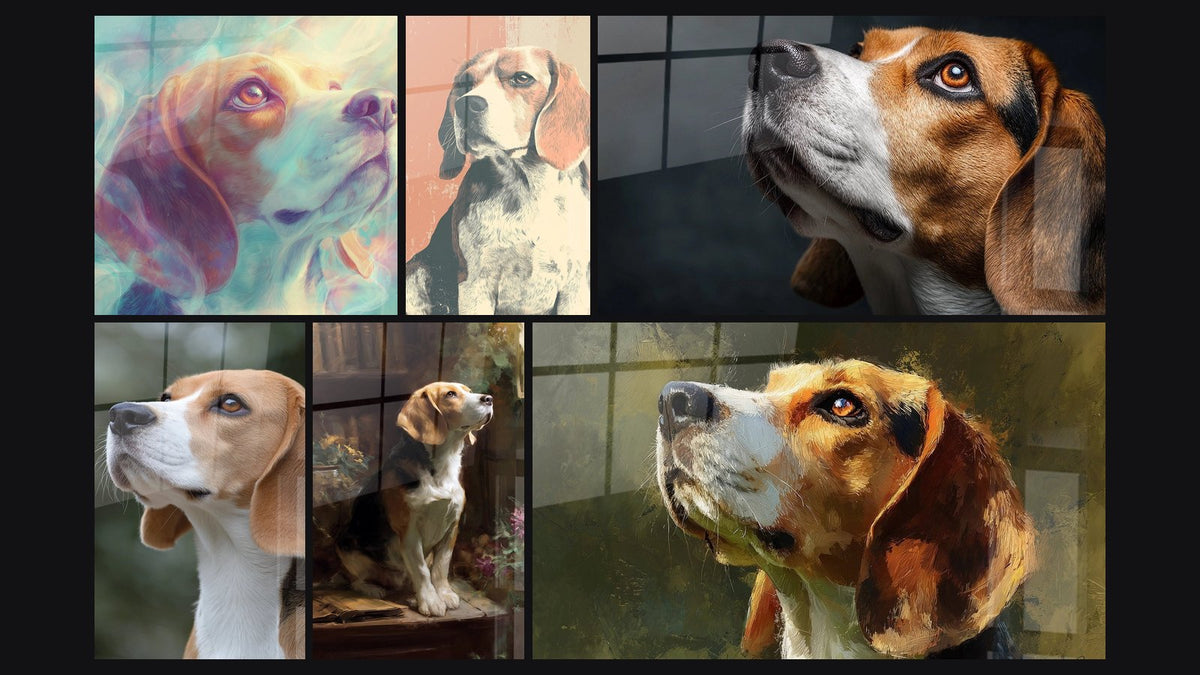 Mosaïque de six tableaux, dont Beagle aux Couleurs Pastel Irisées et Portrait de Beagle Regard Levé