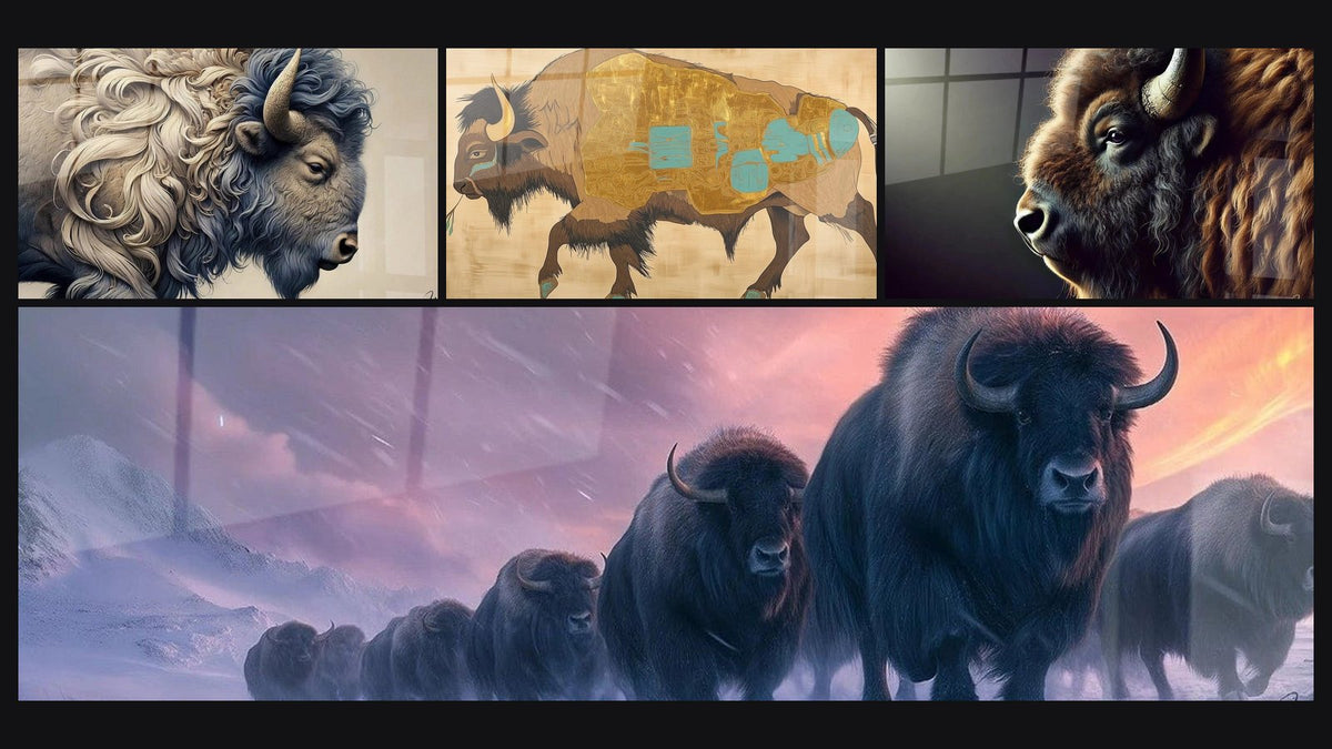 Mosaïque de quatre tableaux, dont Le Roi des Plaines, Bison Mémoire sacrée et Bison Marche des Ancêtres