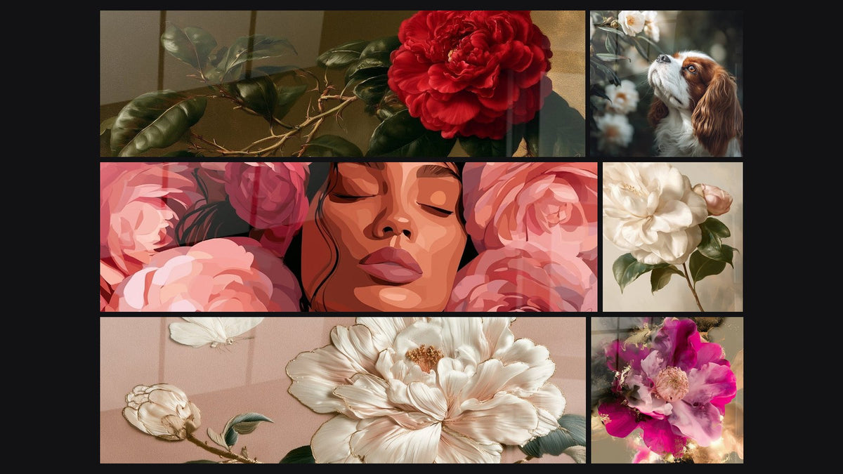 Mosaïque de six tableaux, dont Camélia rouge et doré sur branche épineuse et Visage endormi entouré de roses roses