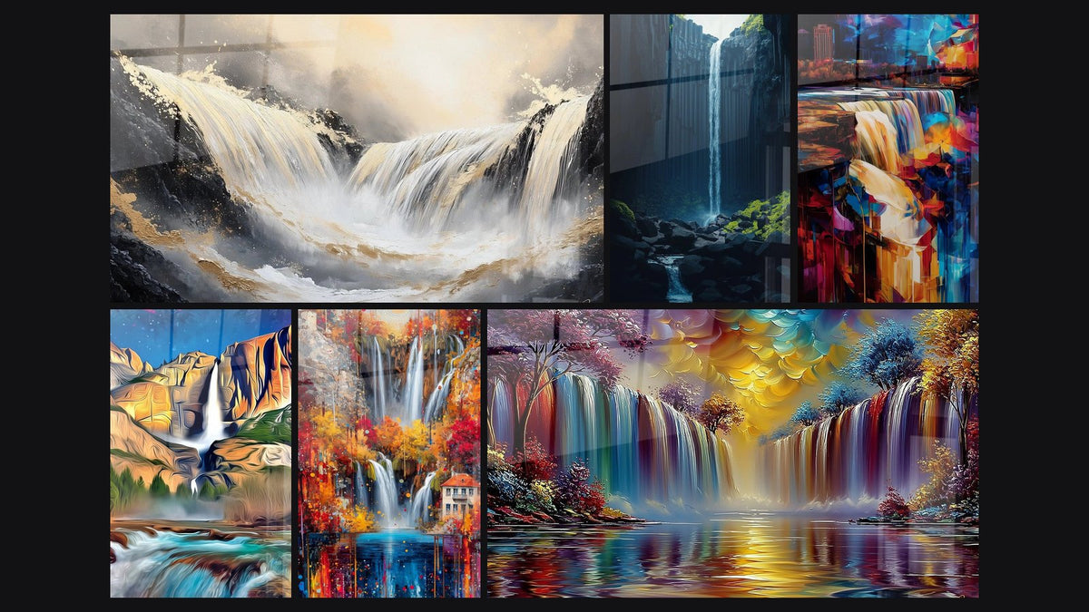 Mosaïque de six tableaux, dont Chute Dorée, Cascade N°2 et Cascade urbaine abstraite
