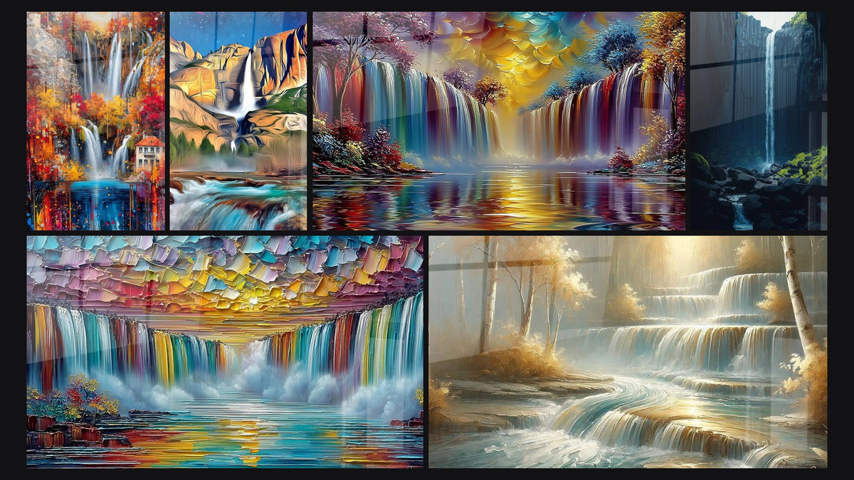 Mosaik aus sechs Gemälden, darunter Mehrfarbiger abstrakter Wasserfall, Mehrfarbiges Wasserfallbild und Goldene Kaskade