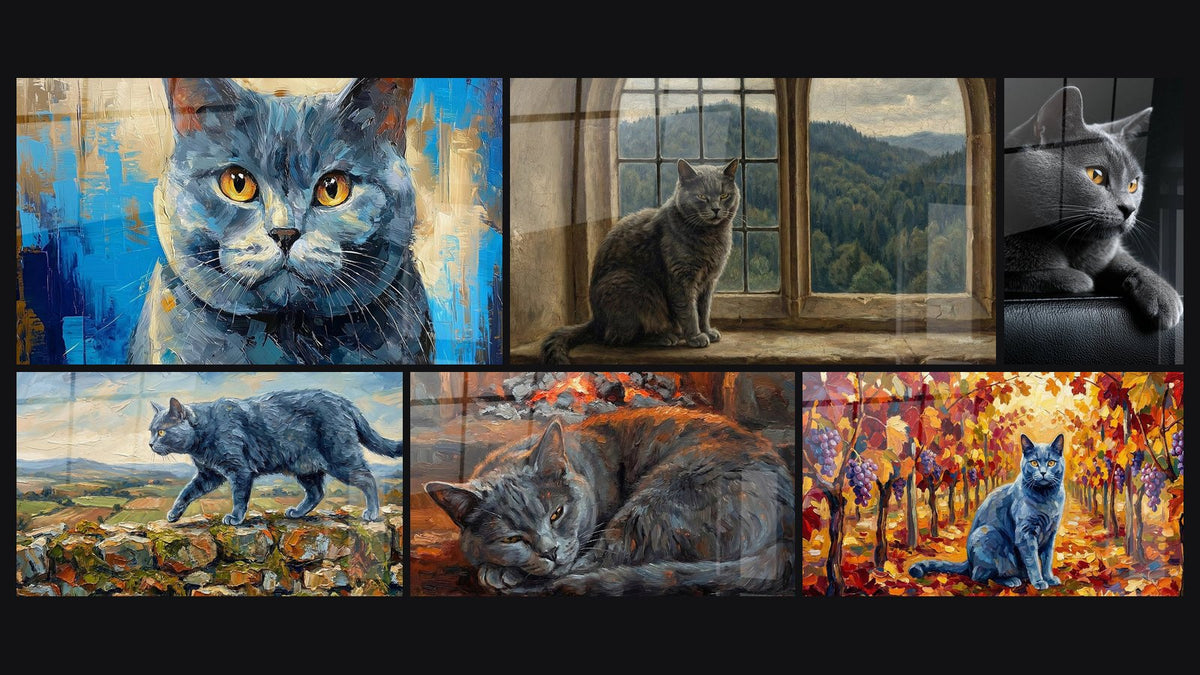 Mosaïque de six tableaux, dont Chat Chartreux aux Yeux d'Or, Chat à la Fenêtre et Chat Chartreux aux Yeux Dorés