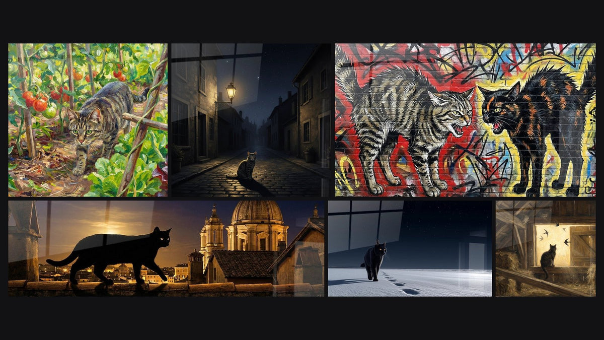 Mosaïque de six tableaux, dont Chat dans le Potager aux Tomates, Chat Nocturne dans Rue Pavée et Chat sur les Toits