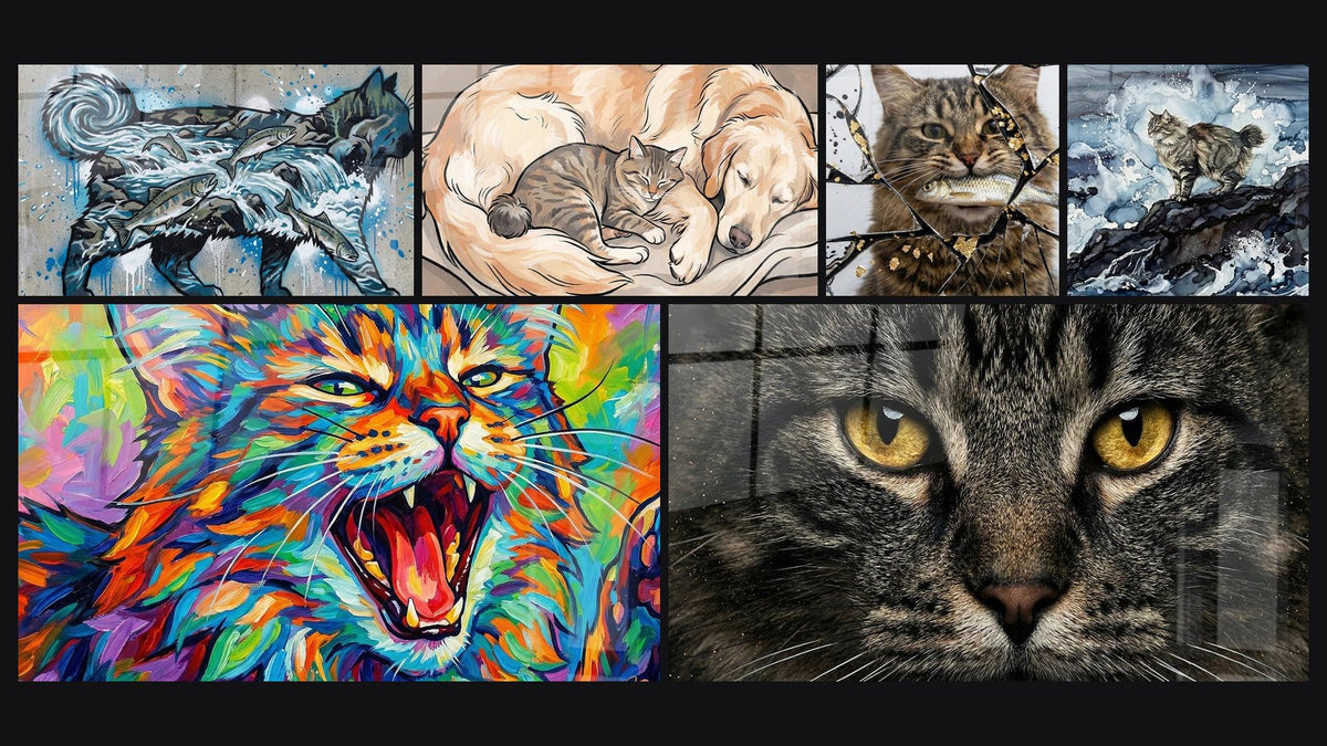 Mosaïque de six tableaux, dont Chat Aquatique, Chat et Chien Endormis et Chat Multicolore Rugissant