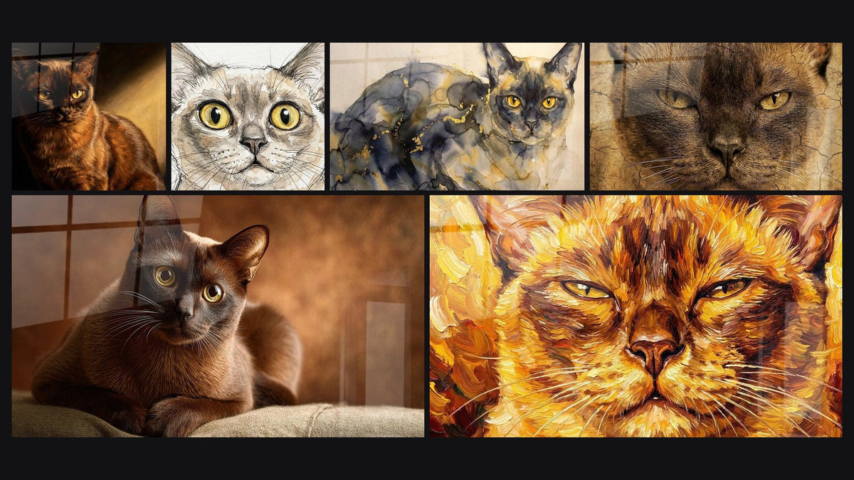 Mosaico di sei quadri, tra cui Chat Birmano con Sguardo Dorato, Chat Burmese con occhi dorati e Chat Birmano Repos