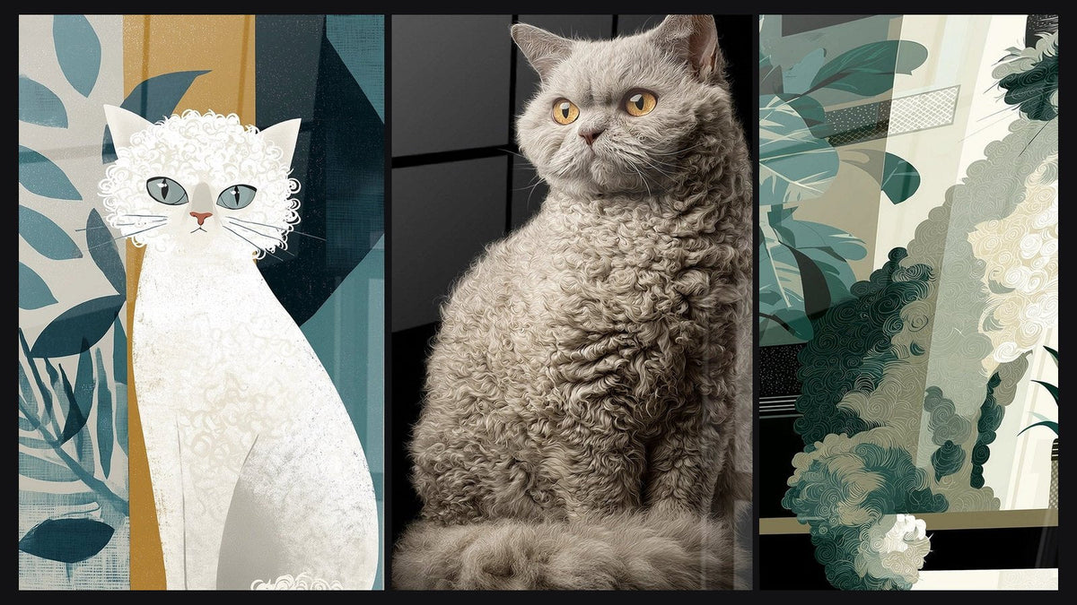 Mosaïque de trois tableaux : Chat Blanc aux Yeux Bleus, Chat Selkirk Rex Élégant et Chat Selkirk Rex Moderne
